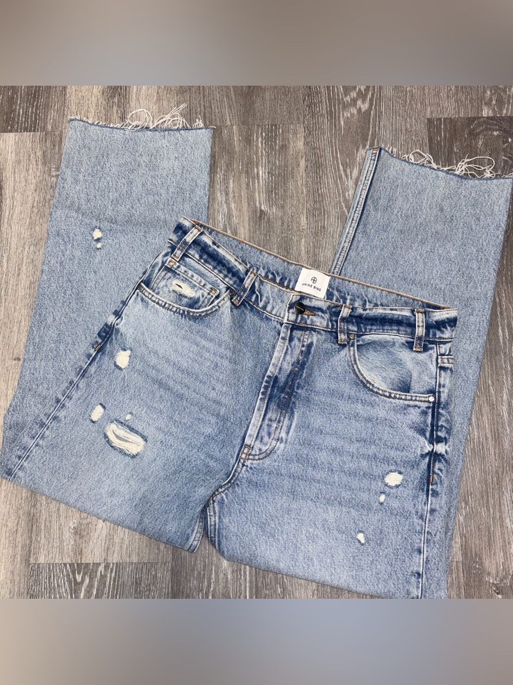 Anine Bing Gavin Jeans Relaxed Straight Leg Distressed Light - Wash Blue Size 28